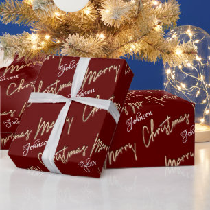 Merry Christmas Golden Script Name Custom Burgundy Wrapping Paper