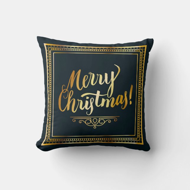 Merry Christmas Golden Script Typography Throw Pillow (Front)