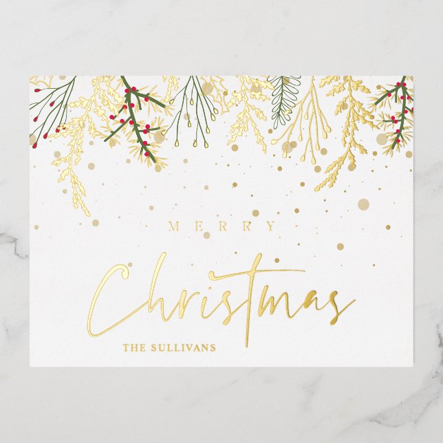 Merry Christmas Golden Snow Effect and Branches Foil Holiday Postcard (Front)