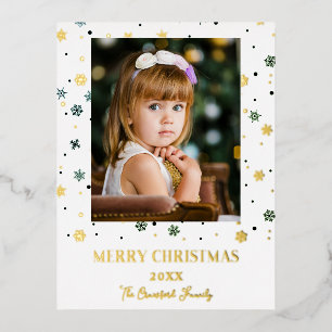Merry Christmas Golden Snowflakes Family Photo Foil Holiday Postcard