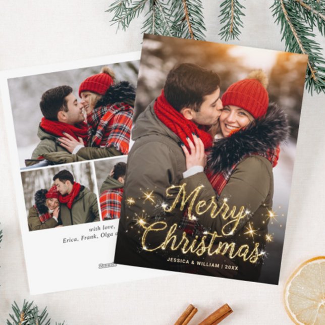 Merry Christmas Golden Sparkle 4 PHOTO Greeting Holiday Card (Creator Uploaded)