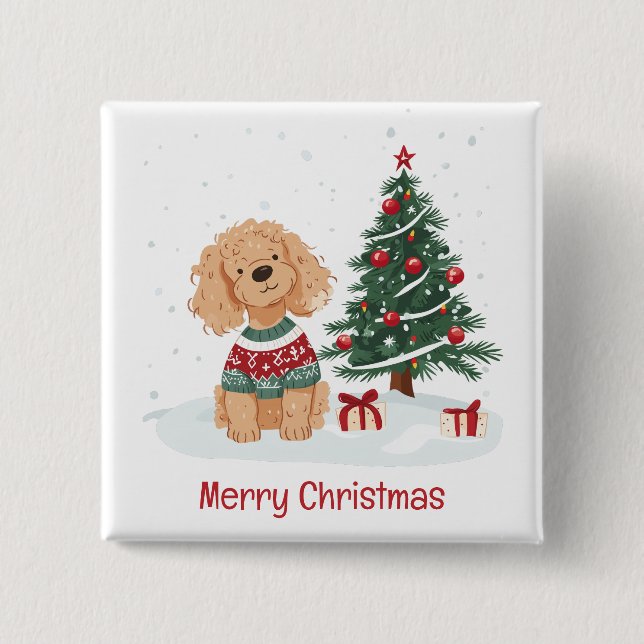 Merry Christmas Goldendoodle Dog 2 Inch Square Button (Front)