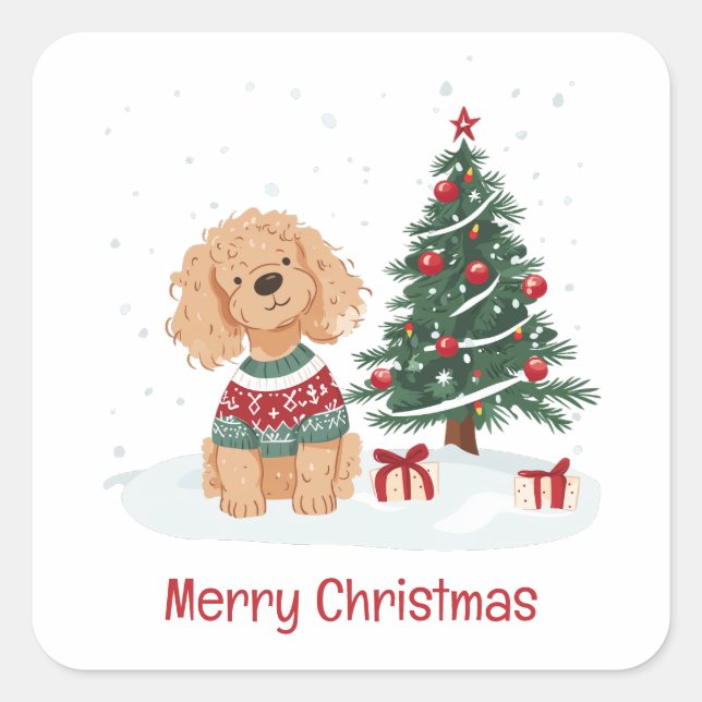 Merry Christmas Goldendoodle Dog Square Sticker (Front)