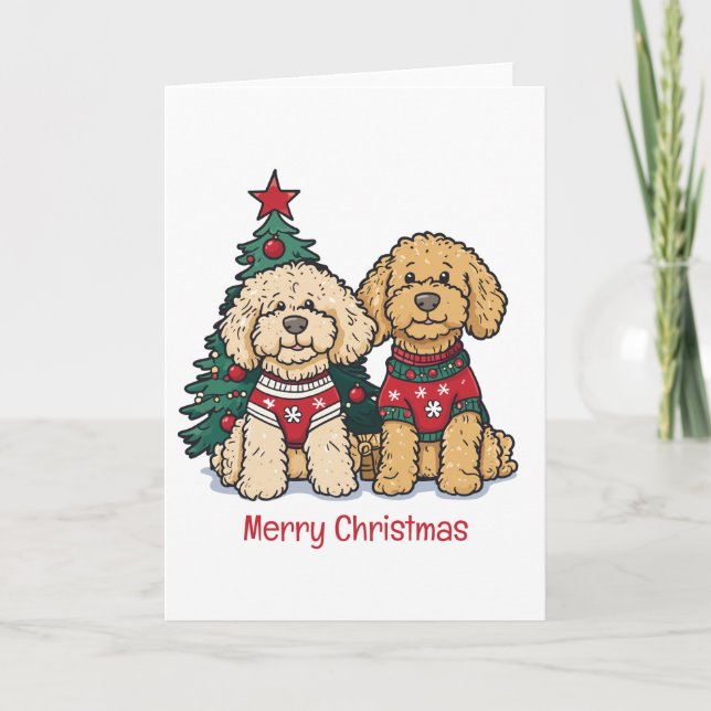 Merry Christmas Goldendoodle Dogs Holiday Card (Front)
