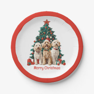Merry Christmas Goldendoodle Dogs Paper Plate