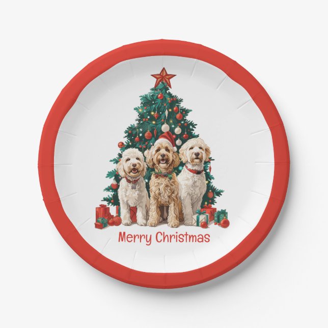 Merry Christmas Goldendoodle Dogs Paper Plate (Front)