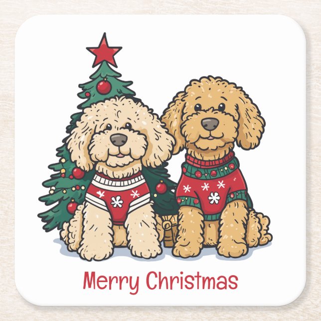 Merry Christmas Goldendoodle Dogs Square Paper Coaster (Front)