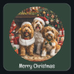 Merry Christmas Goldendoodle Puppy Dogs Square Sticker<br><div class="desc">Cute illustration of Goldendoodle dogs dressed in holiday attire. Perfect for pet lovers and owners during the holiday season.</div>