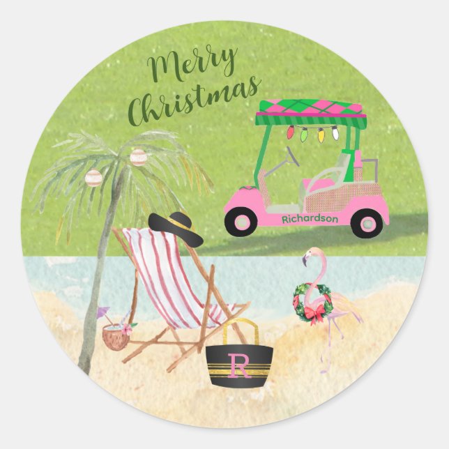 Merry Christmas Golf Cart Beach Monogram Name Classic Round Sticker (Front)