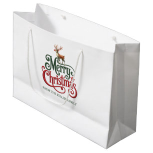 Merry Christmas Gothic Typography With Rain Deer  Large Gift Bag