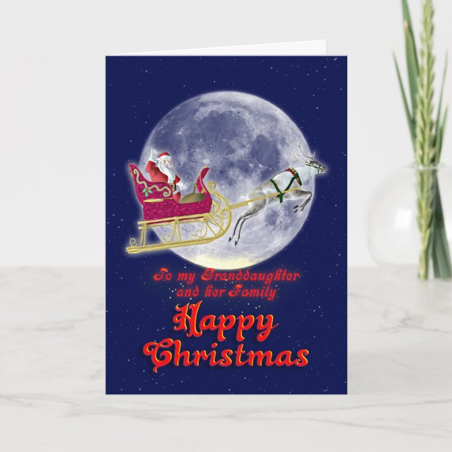 Merry Christmas Granddaughter, santa in his sleigh Holiday Card (Front)