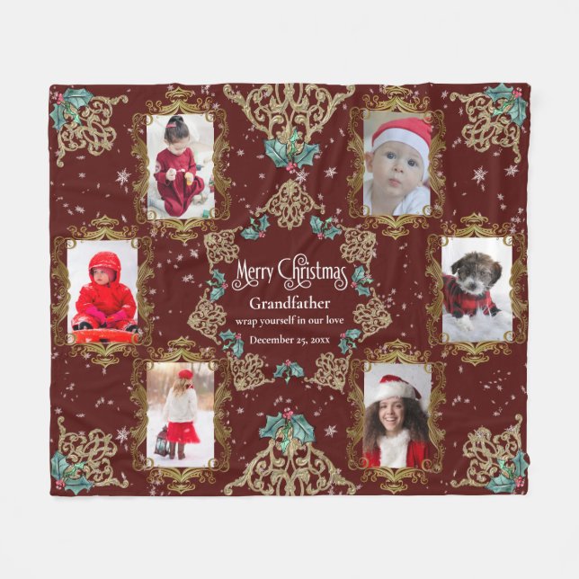 Merry Christmas Grandfather Family Photo Collage Fleece Blanket (Front (Horizontal))
