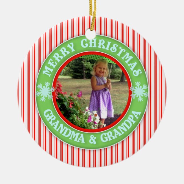 Merry Christmas Grandma and Grandpa Dated Photo Ceramic Ornament (Front)