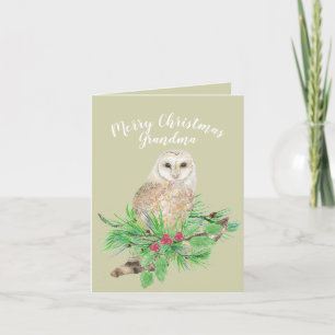 Merry Christmas Grandma Barn Owl Watercolor Holiday Card