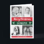 Merry Christmas Grandma | Colour Block Photo Grid Holiday Card<br><div class="desc">This trendy and stylish Christmas holiday card features four photos of you and your grandmother, with modern colour blocks in festive red and green, with white handwritten script typography and cute scribbled hearts. The card says "Merry Christmas grandma, " and there is a spot inside for you to add your...</div>