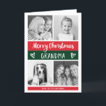 Merry Christmas Grandma | Colour Block Photo Grid Holiday Card<br><div class="desc">This trendy and stylish Christmas holiday card features four photos of you and your grandmother, with modern colour blocks in festive red and green, with white handwritten script typography and cute scribbled hearts. The card says "Merry Christmas grandma, " and there is a spot inside for you to add your...</div>