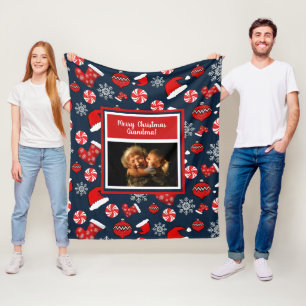 Merry Christmas Grandma Photo Holiday Pattern Fleece Blanket