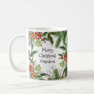 Merry Christmas Grandma Red Green Festive Holly Coffee Mug