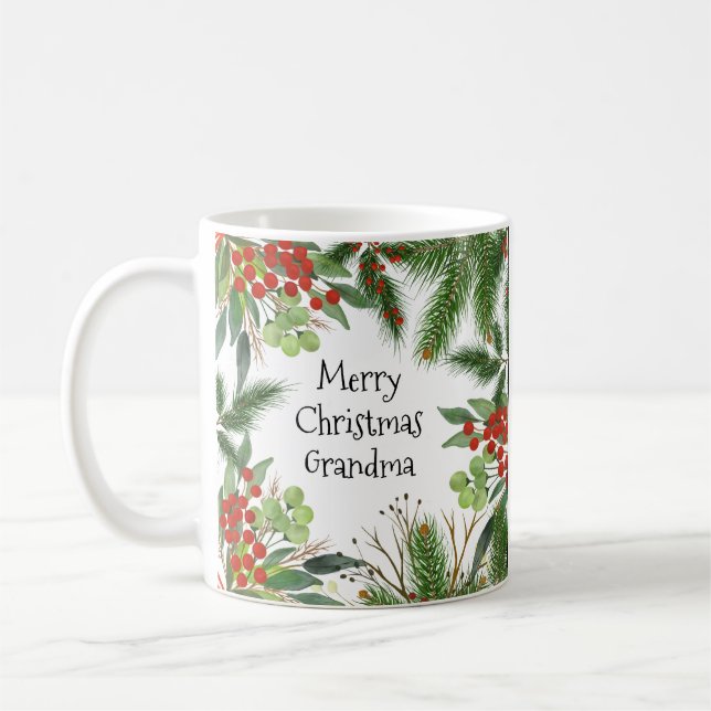 Merry Christmas Grandma Red Green Festive Holly Coffee Mug (Left)