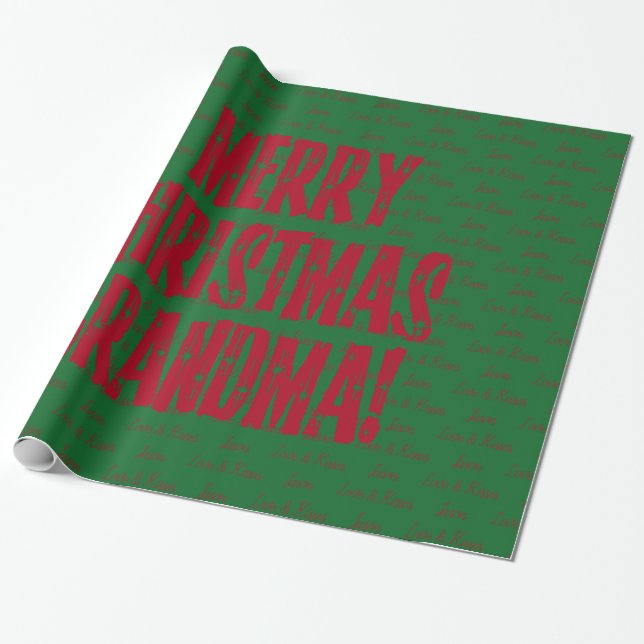 Merry Christmas Grandma Red Stars Typography Green Wrapping Paper (Unrolled)
