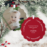 Merry Christmas Grandparents Name And Baby Photo Ornament Card<br><div class="desc">For grandma and grandpa at christmas, a cute red memento ornament card featuring a adorable photo of their baby granddaughter. On the back a christmas message. After its use as a personalized gift tag grandparents can display on their christmas tree. To change the text and photo click on the personalize...</div>