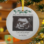 Merry Christmas Grandparents Pregnancy Ultrasound Glass Ornament<br><div class="desc">It's always a good time to share this exciting news with your nearest and dearest. Perfect Christmas gift idea for the grandma to be with ultrasound photo. Customize this unique announcement display, add your details and let everyone know about this special news. Great gift for new parents and baby showers....</div>