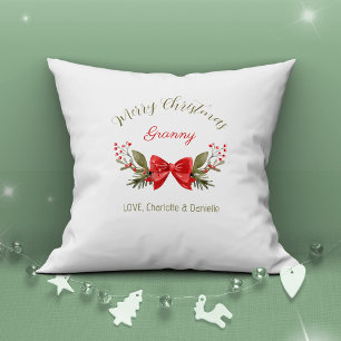 Merry Christmas Granny Bow Berries Modern  Throw Pillow