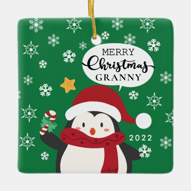Merry Christmas Granny Penguin Ceramic Ornament (Front)