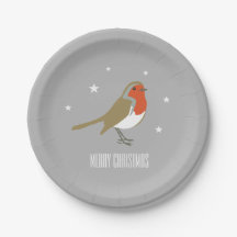 Merry Christmas Gray Robin Bird Paper Party Plates