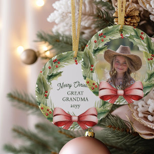 Merry Christmas Great Grandma Holly Wreath Photo Ceramic Ornament