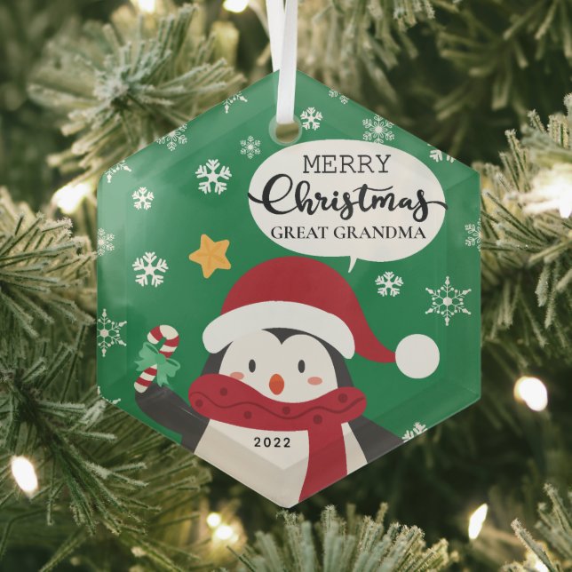 Merry Christmas Great Grandma Penguin Glass Ornament (Insitu)