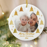 Merry Christmas Great Grandma - White Gold Photo Ceramic Ornament<br><div class="desc">Personalize this elegant Christmas ornament as a gift for Great Grandma (or whoever you wish) as a keepsake for a new baby or just to share a lovely photo. The template is set up for you to add your favourite photo, your greeting, a name and the year. Your photo is...</div>