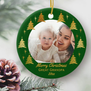 Merry Christmas Great Grandpa - Green Gold Photo Ceramic Ornament