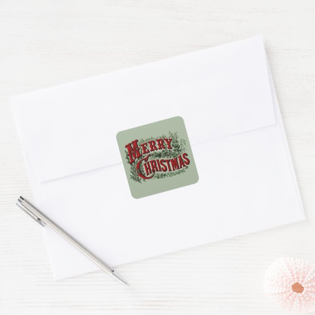 Merry Christmas - Green and Red Square Sticker (Envelope)
