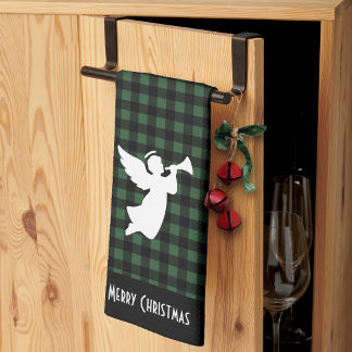 Merry Christmas Green & Black Buffalo Plaid Angel Kitchen Towel