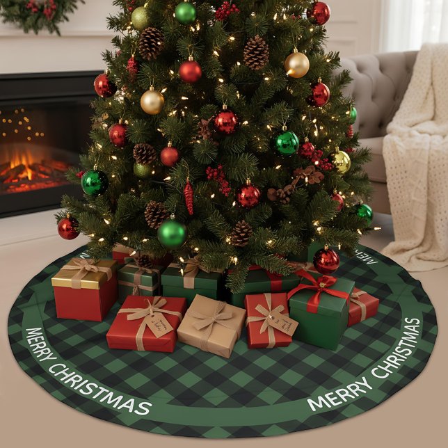 Merry Christmas Green & Black Buffalo Plaid Custom Brushed Polyester Tree Skirt (Creator Uploaded)