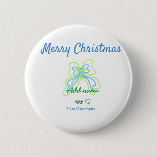 Merry christmas green blue bow add family name tex 2 inch round button