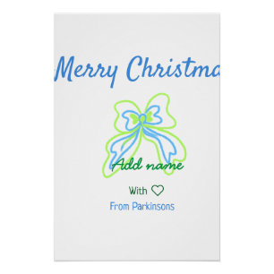 Merry christmas green blue bow add family name tex poster