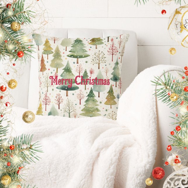 Merry Christmas Green Brown Forest Pine Trees Throw Pillow (Creator Uploaded)