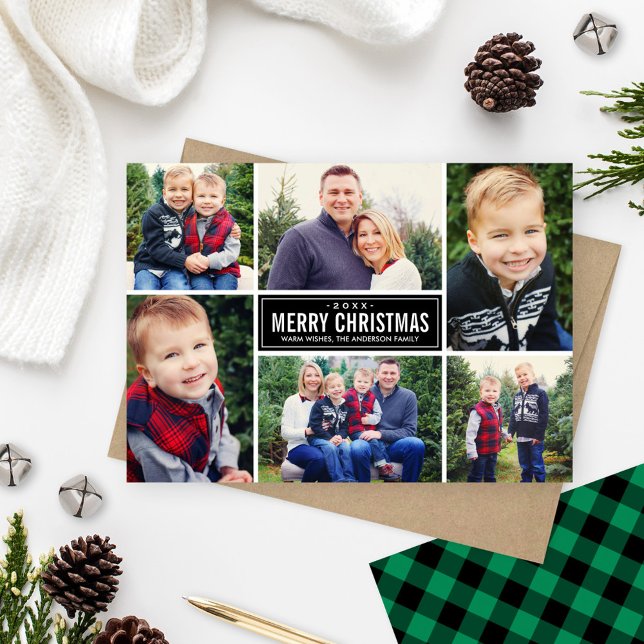 Merry Christmas Green Buffalo Plaid Photo Collage Holiday Card (Creator Uploaded)