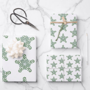 Merry Christmas Green Calligraphy Star Wrapping Paper Sheet