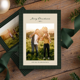 Merry Christmas green check frame photo Holiday Card