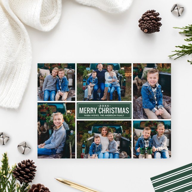 Merry Christmas Green Collage Photo Holiday Card (Creator Uploaded)