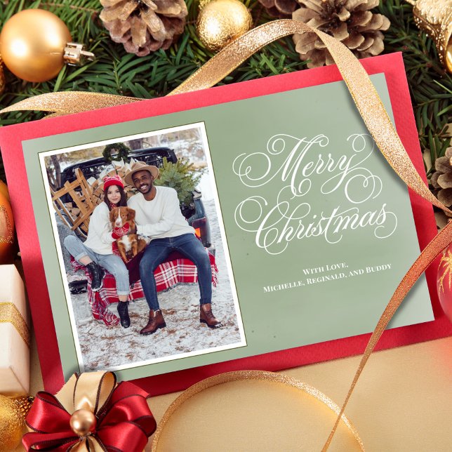 Merry Christmas Green Elegant Script Photo Holiday Card (Merry Christmas fancy calligraphy script vertical photo card. )