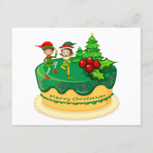 Merry Christmas Green Elves Dancing on a Cake  Postcard