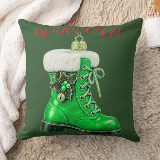Merry Christmas Green Festive Boot Ornament Throw Pillow