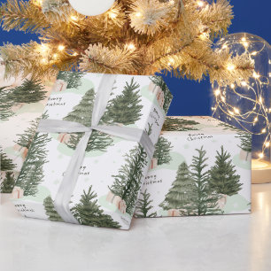 Merry Christmas Green Fir Trees and Presents Wrapping Paper