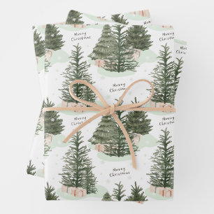 Merry Christmas Green Fir Trees and Presents  Wrapping Paper Sheet