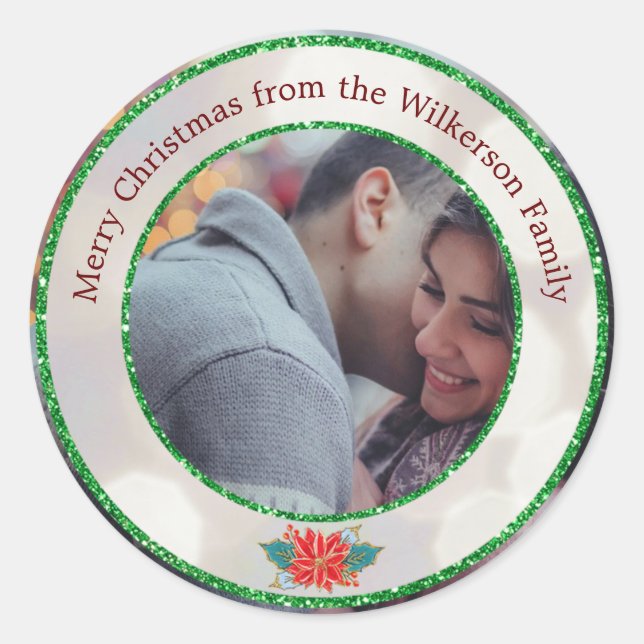 Merry Christmas Green Glitter and Bokeh Classic Round Sticker (Front)