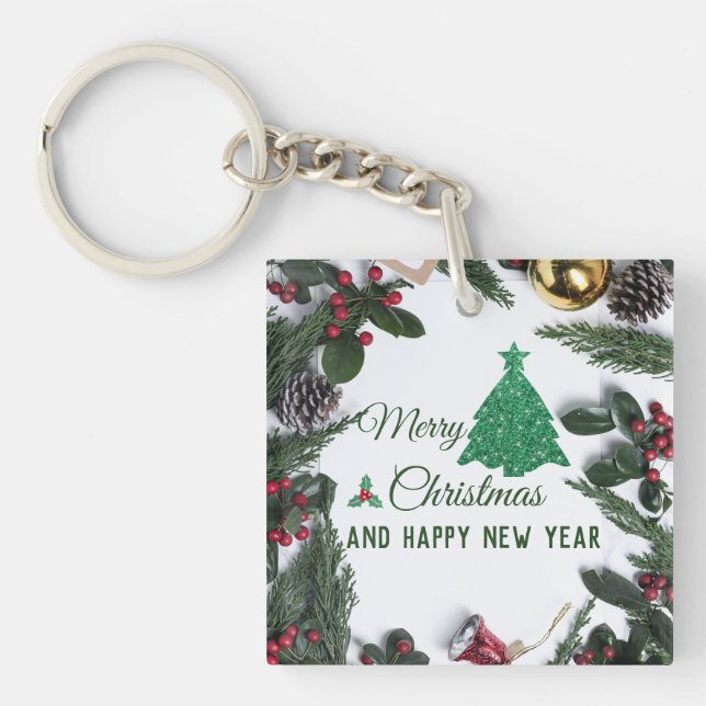 Merry christmas- green glitter  keychain (Front)